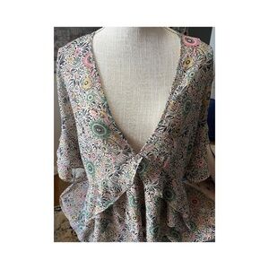 Cabi low cut tiered Ruffle whimsical flowers boho beach summer top